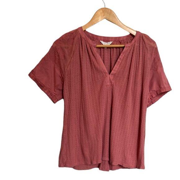 Lucky Brand Pink Embroidered Short Sleeve Waffle Knit Top Size Small - Picture 2 of 7